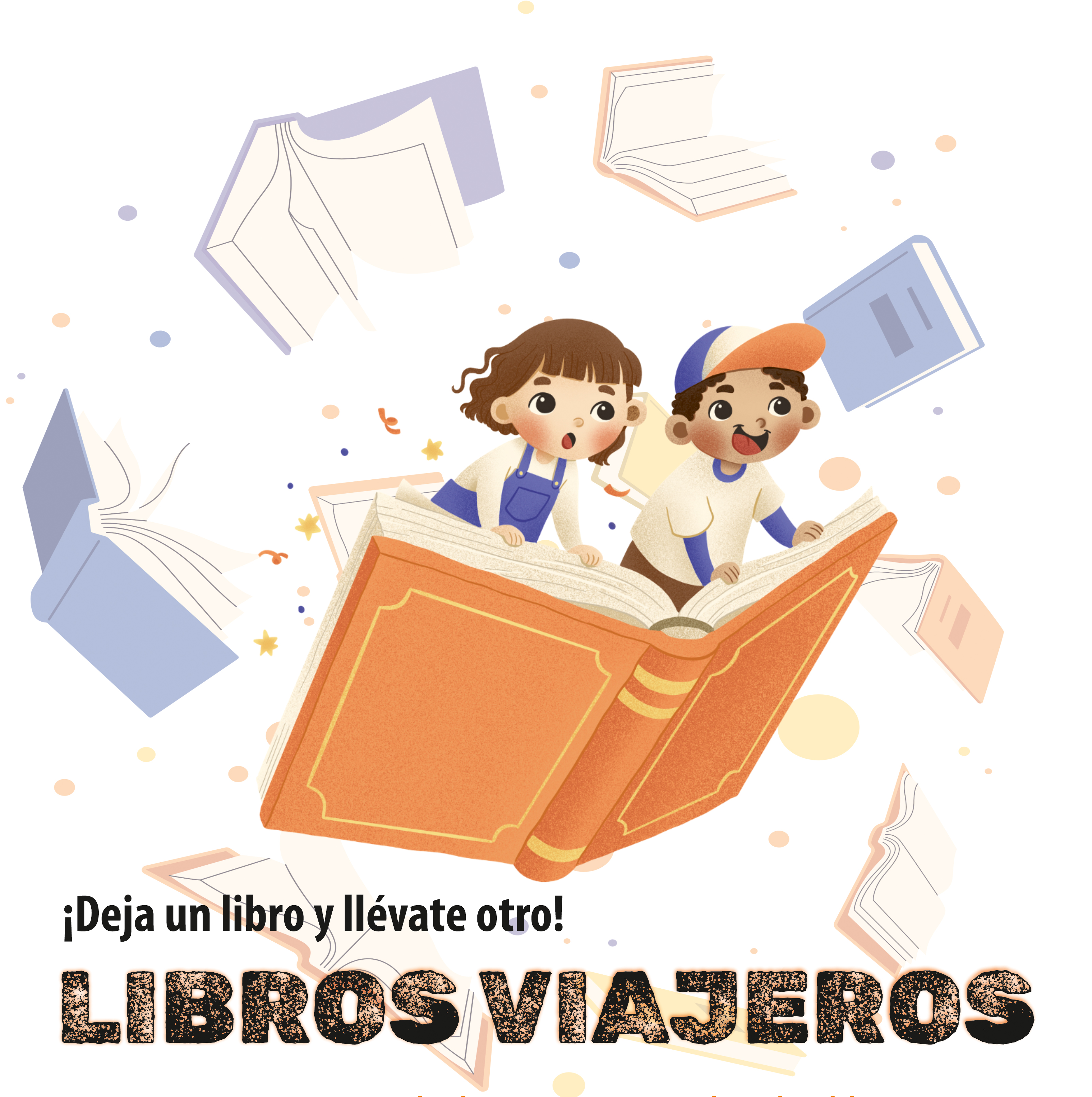 Ilustración de dos niños leyendo sentados sobre un gran libro naranja, rodeados de libros que vuelan